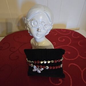 Burgundy Beaded Bracelet Set with Silver Butterfly Charm Accent